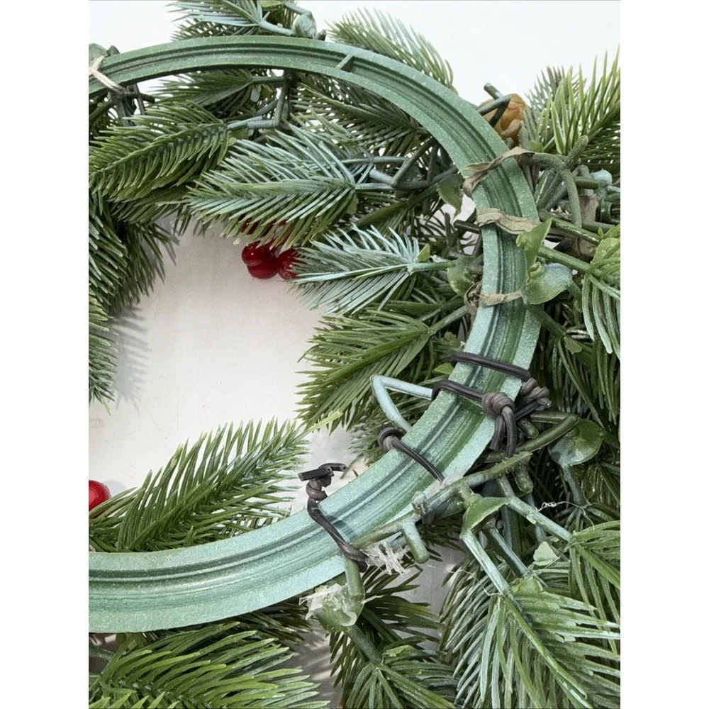 Vintage MCM Christmas WREATH Centerpuece Plastic Greens & Holly Berries